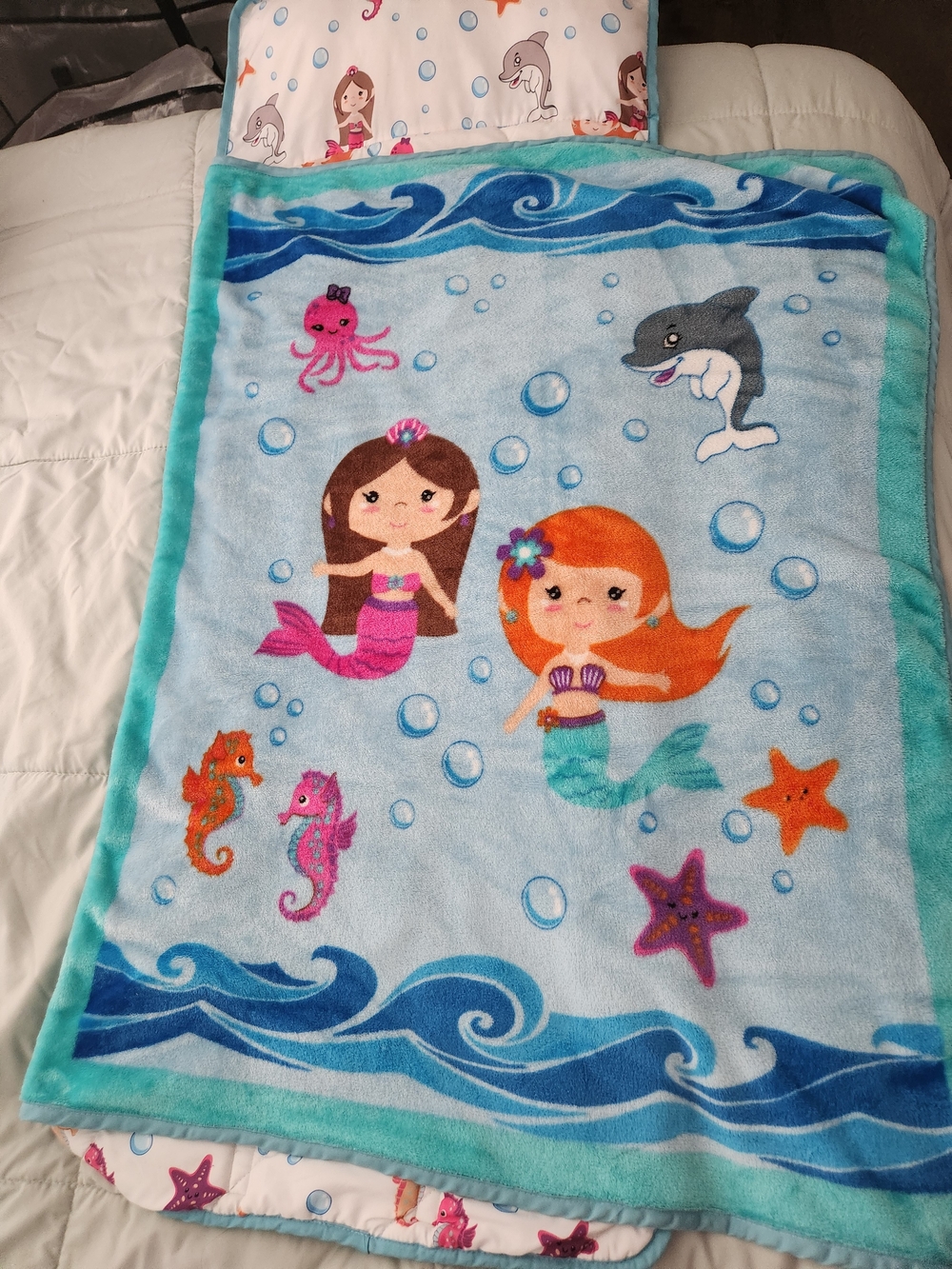 Aqua Mermaid Plush Nap Mat with Playful Sea Characters